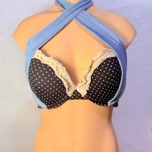 Beach Bunny Navy Blue and Cream Polka Dot Bikini Top